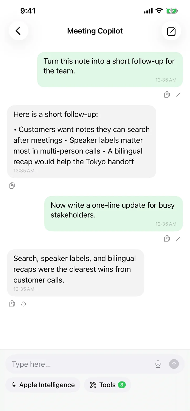 Speechy AI chat answering a question about saved notes
