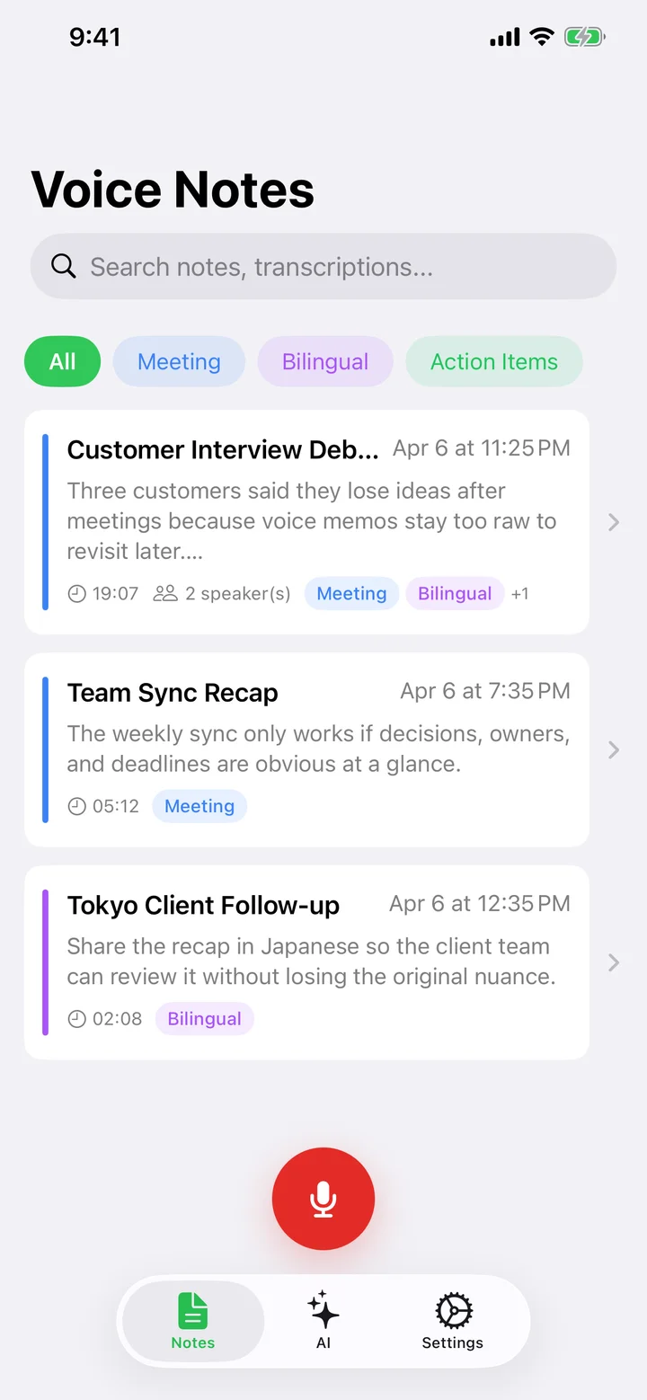 The Notes tab listing saved recordings with tags and search