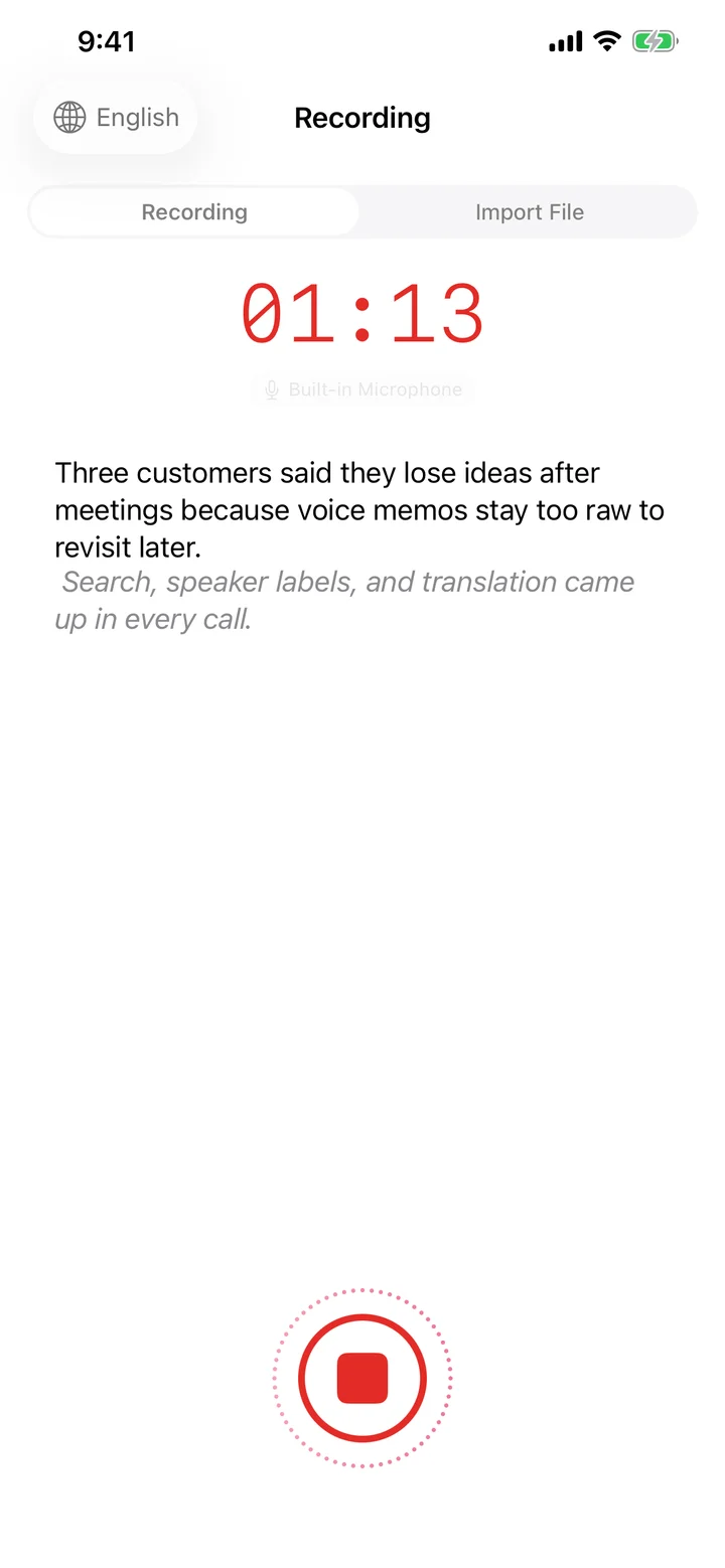 Speechy recording screen with waveform rings around the record button